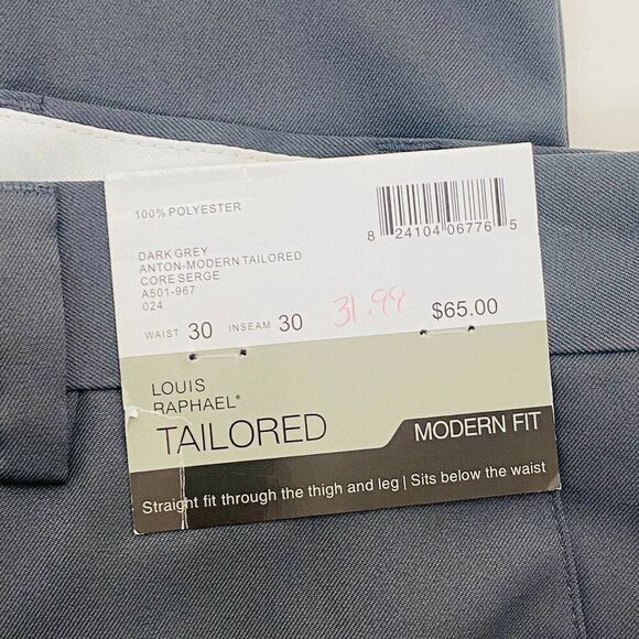 New Louis Raphael Tailored Modern Fit Polyester Gray Dress Pants, Size 30 x 30 - Picture 7 of 9